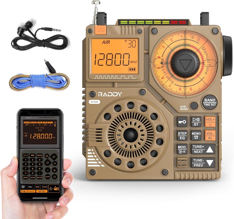 Raddy RF320 APP Control Shortwave Radio, AIR/FM/AM/VHF/SW/WB Receiver, Portable Radio Rechargeable w/ 9.85 Ft Wire Antenna (Yellow) - Image 1